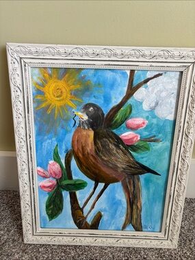 Hand-Painted Bird Canvas with Floral Accents - Bright Blue Sky & Sun